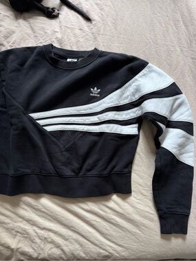 adidas Black Crewneck Sweatshirt with White Stripe Accents cropped